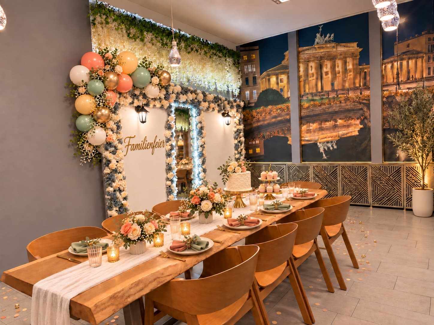 Lange Tafel für eine Familienfeier mit Blumen, Kerzen und Torte vor der Blumenwand bei Choco 'n Dip