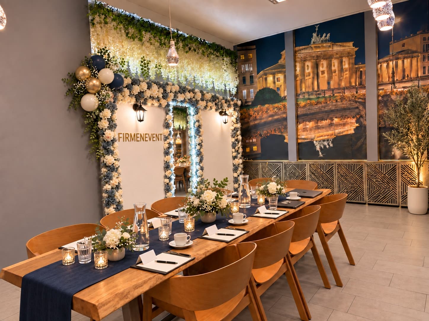 Tafel für ein Firmenevent mit Namenskarten, Notizmappen und Kaffee vor dem Berlin-Wandbild bei Choco 'n Dip