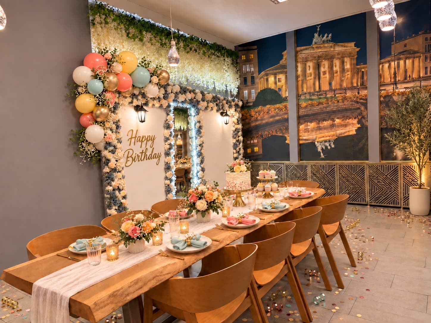 Festlich gedeckte Holztafel mit Geburtstagstorte, Luftballons und Blumenwand im hinteren Bereich von Choco 'n Dip